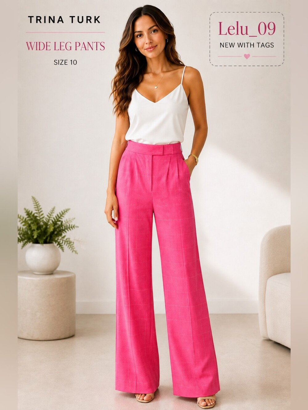 Trina Turk Pink Wide Leg Pants – Size 10 – Windowpane Print
